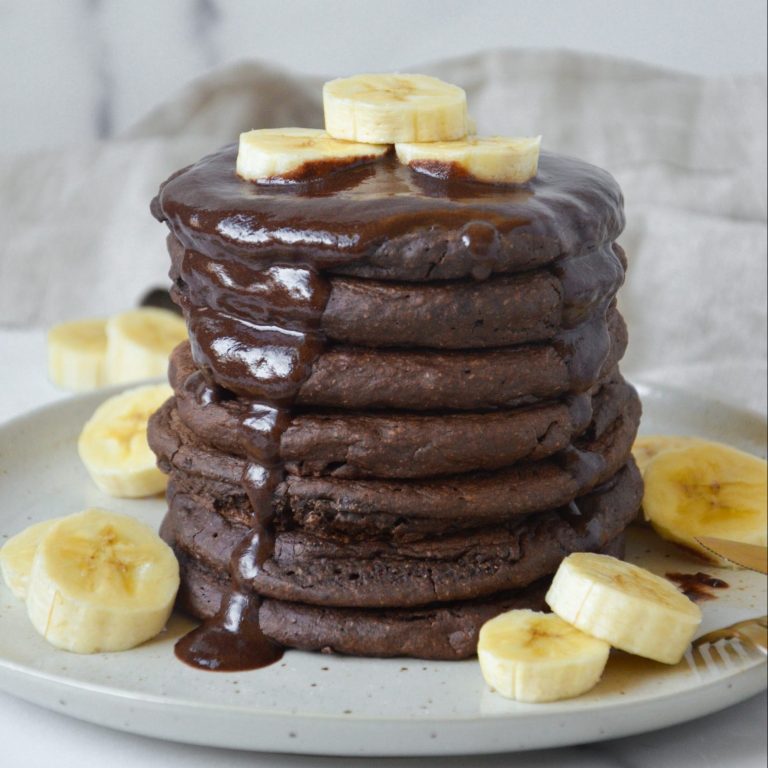 Chocolate Protein Pancakes with Chocolate Sauce