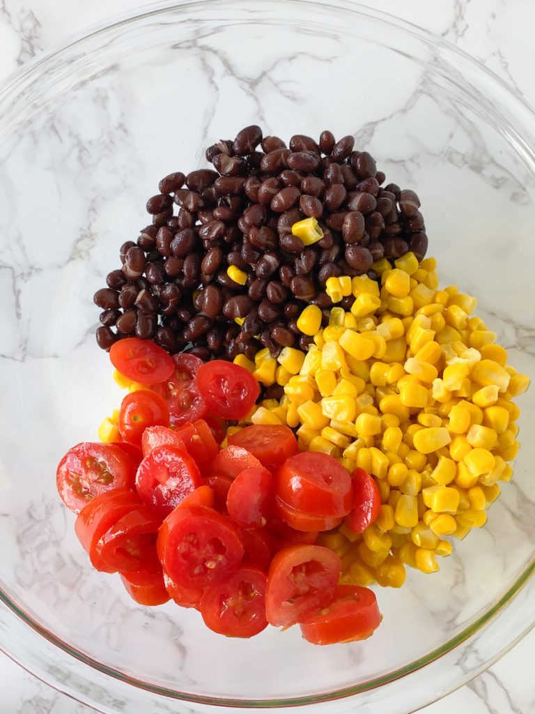 bowl of black beans, corn, tomatoes