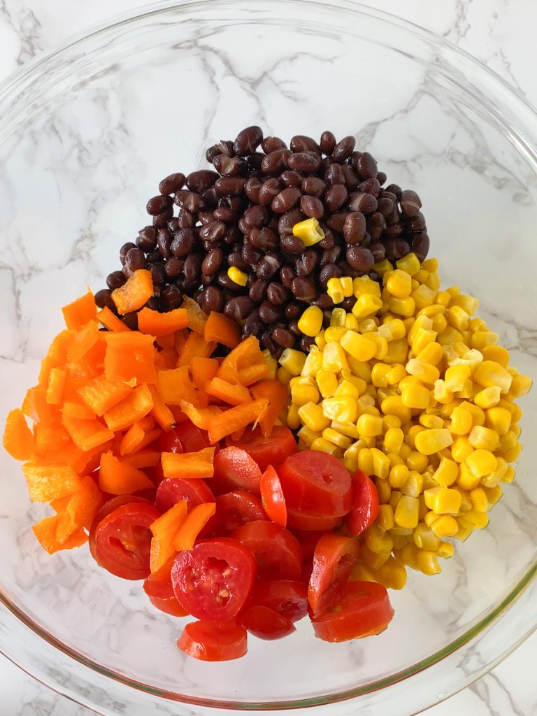 bowl of black beans, corn, tomatoes, peppers