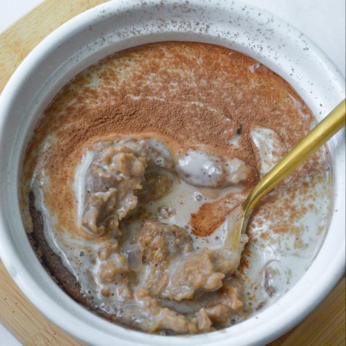 spoon in a bowl of tiramisu oatmeal