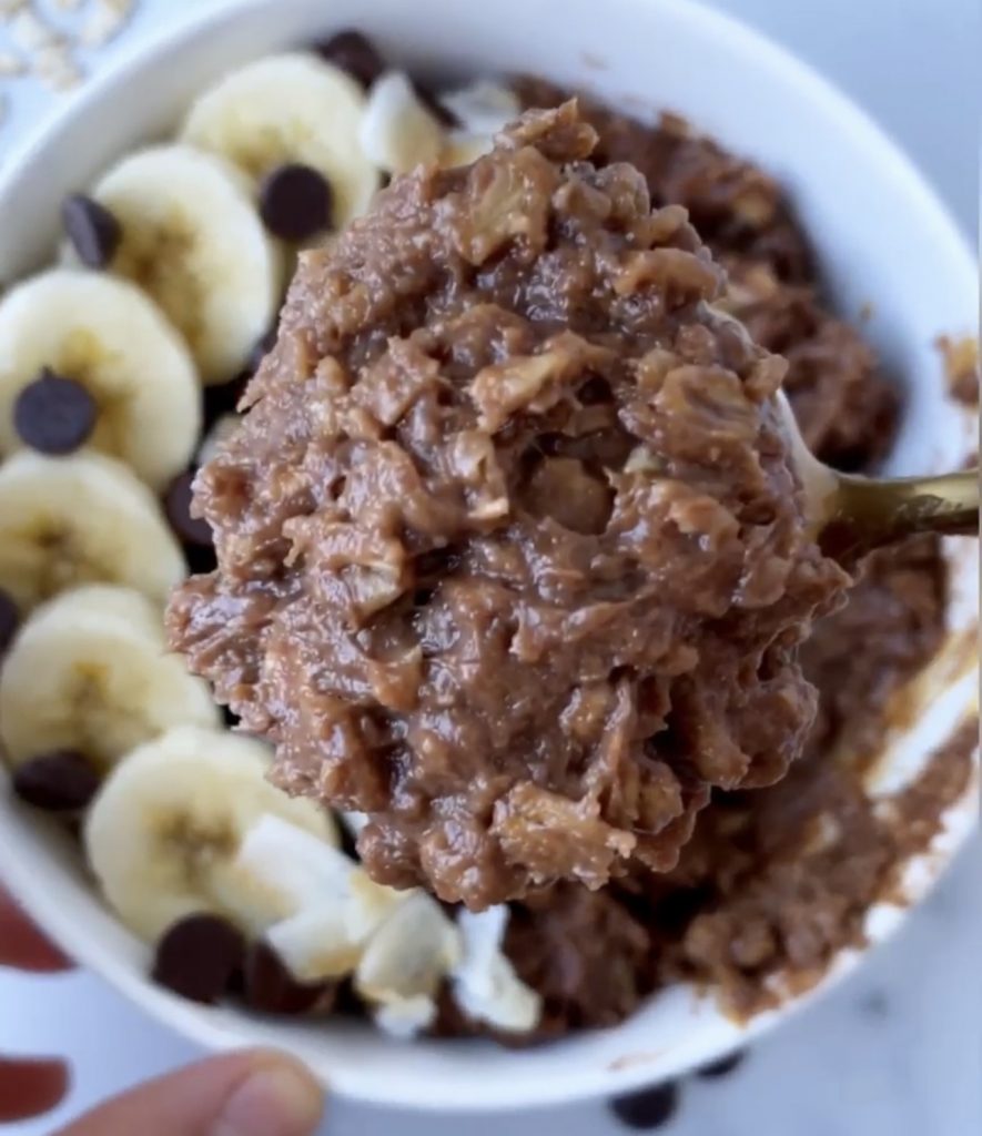 Spoonful of chocolate protein oatmeal. 