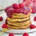 raspberry chia jam on a pancake stack