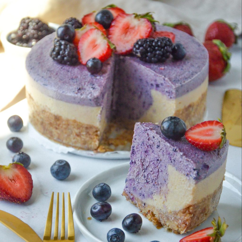 vegan blueberry cheesecake sliced