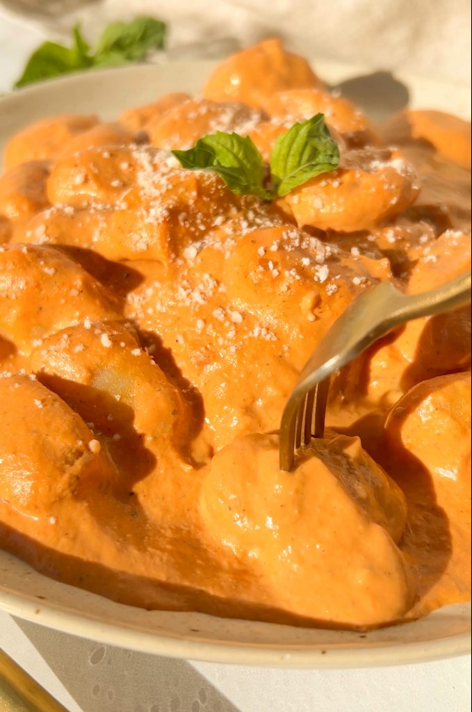 roasted red pepper sauce on gnocchi