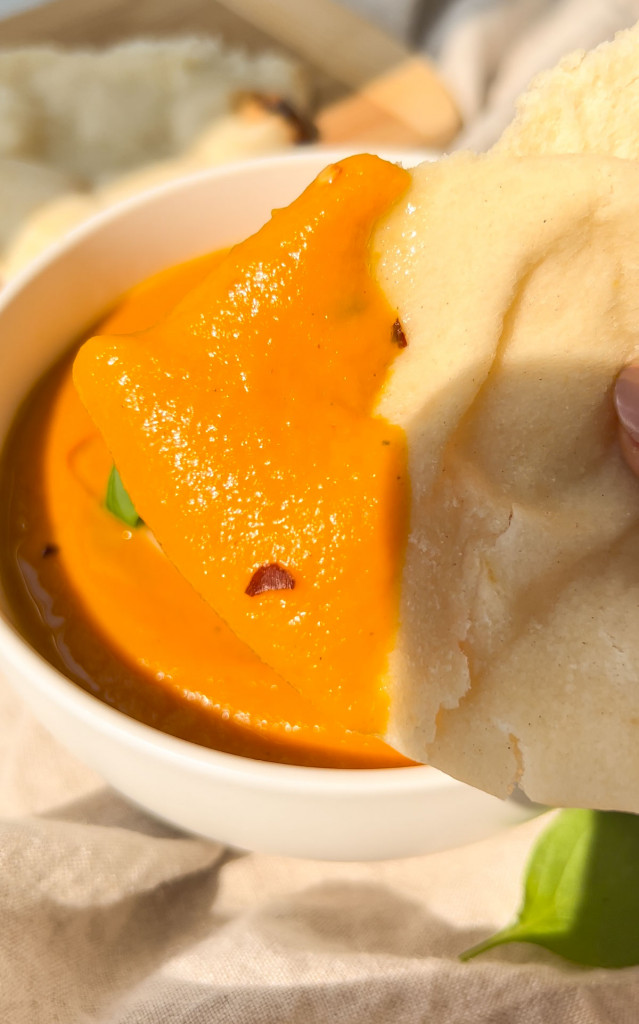 sweet potato soup on naan bread