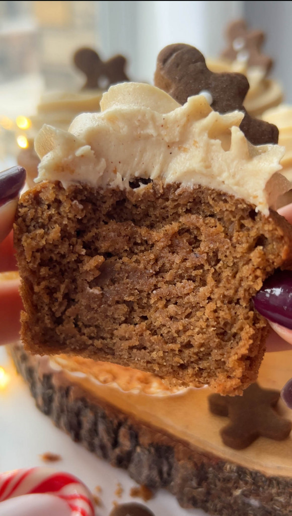 closeup of the inside of a gingerbread cupcake