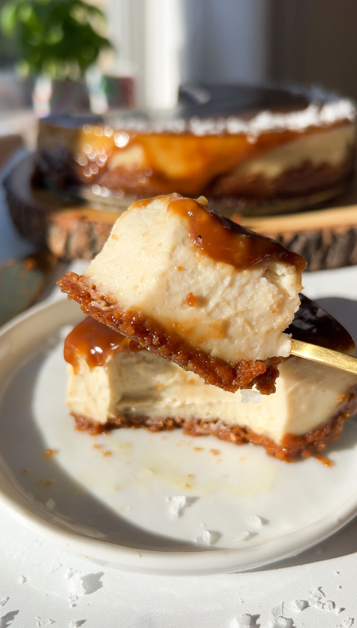 closeup of a bite of salted caramel cheesecake