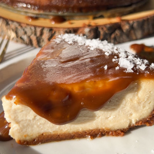 a slice of salted caramel cheesecake