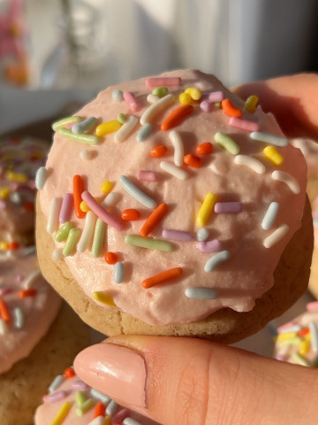a pink sprinkled dairy free sugar cookie