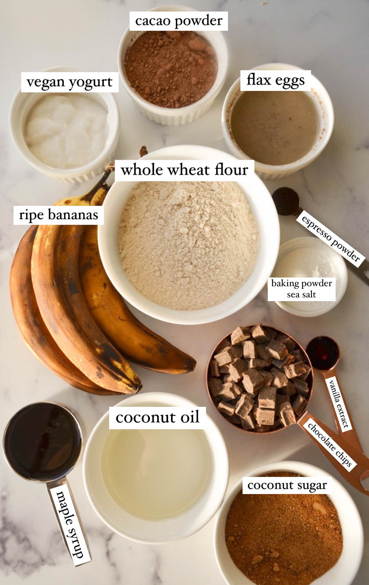ingredients for double chocolate banana bread recipe