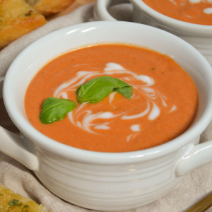 bowl of roasted red pepper and tomato soup