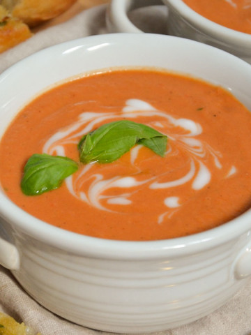 bowl of roasted red pepper and tomato soup