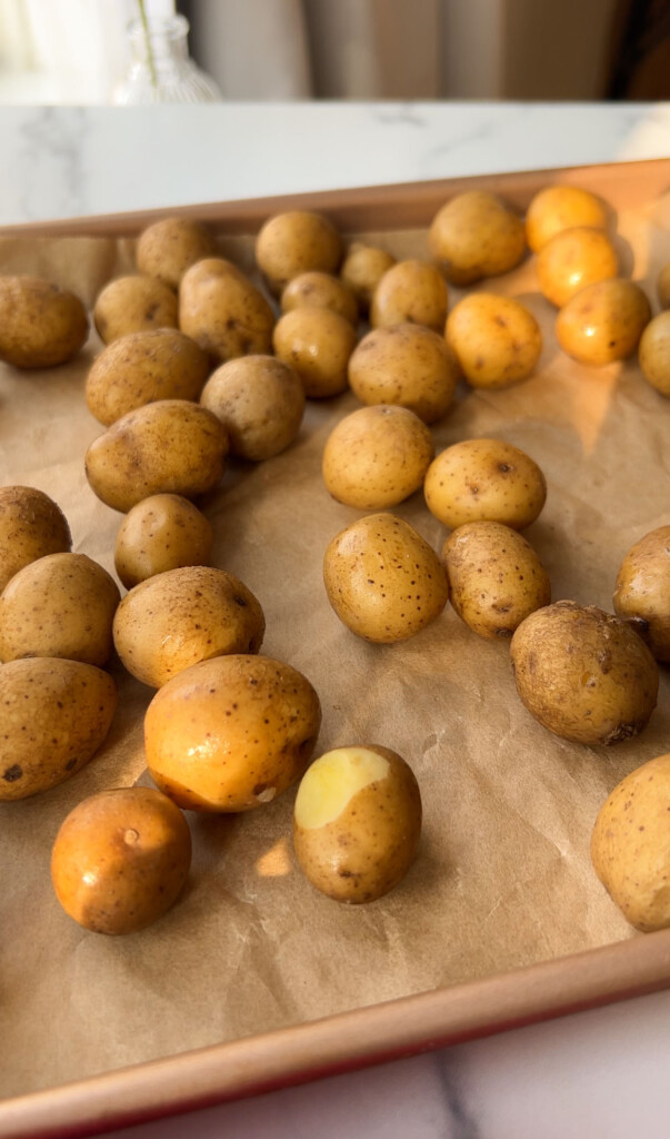 yukon gold baby potatoes in a baking tray