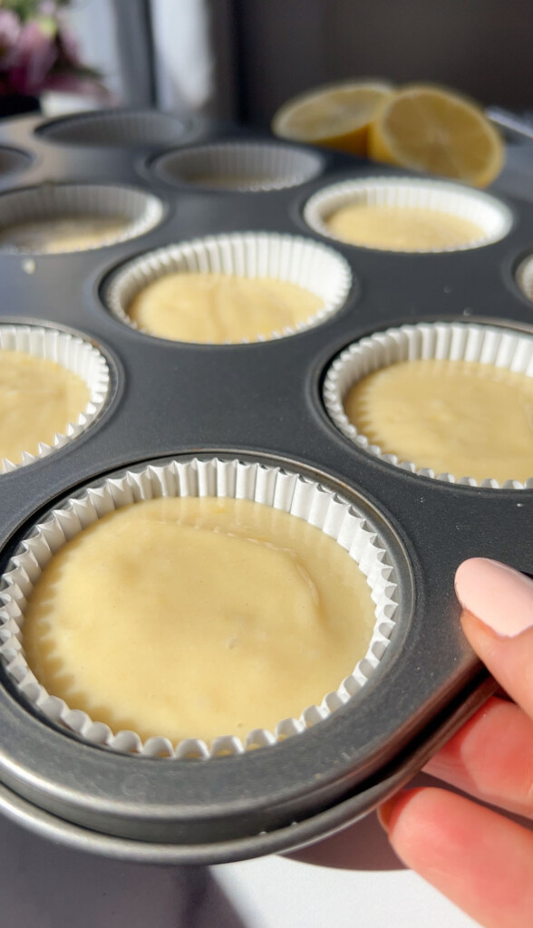 vegan lemon cupcake batter in muffin cups