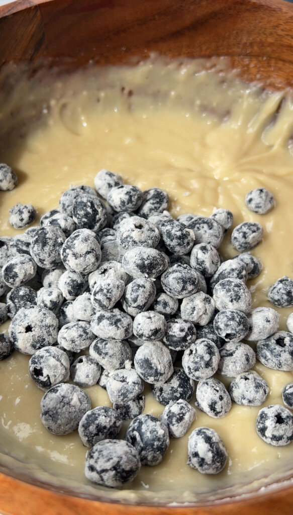 blueberries in a bowl of vegan blueberry cake batter
