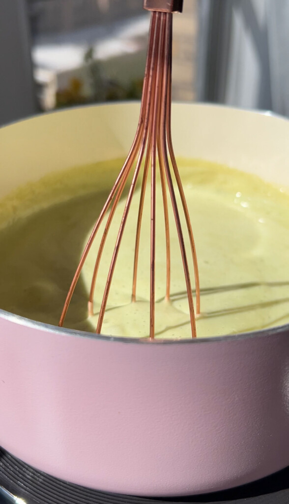 making a vegan key lime pie filling in a saucepan