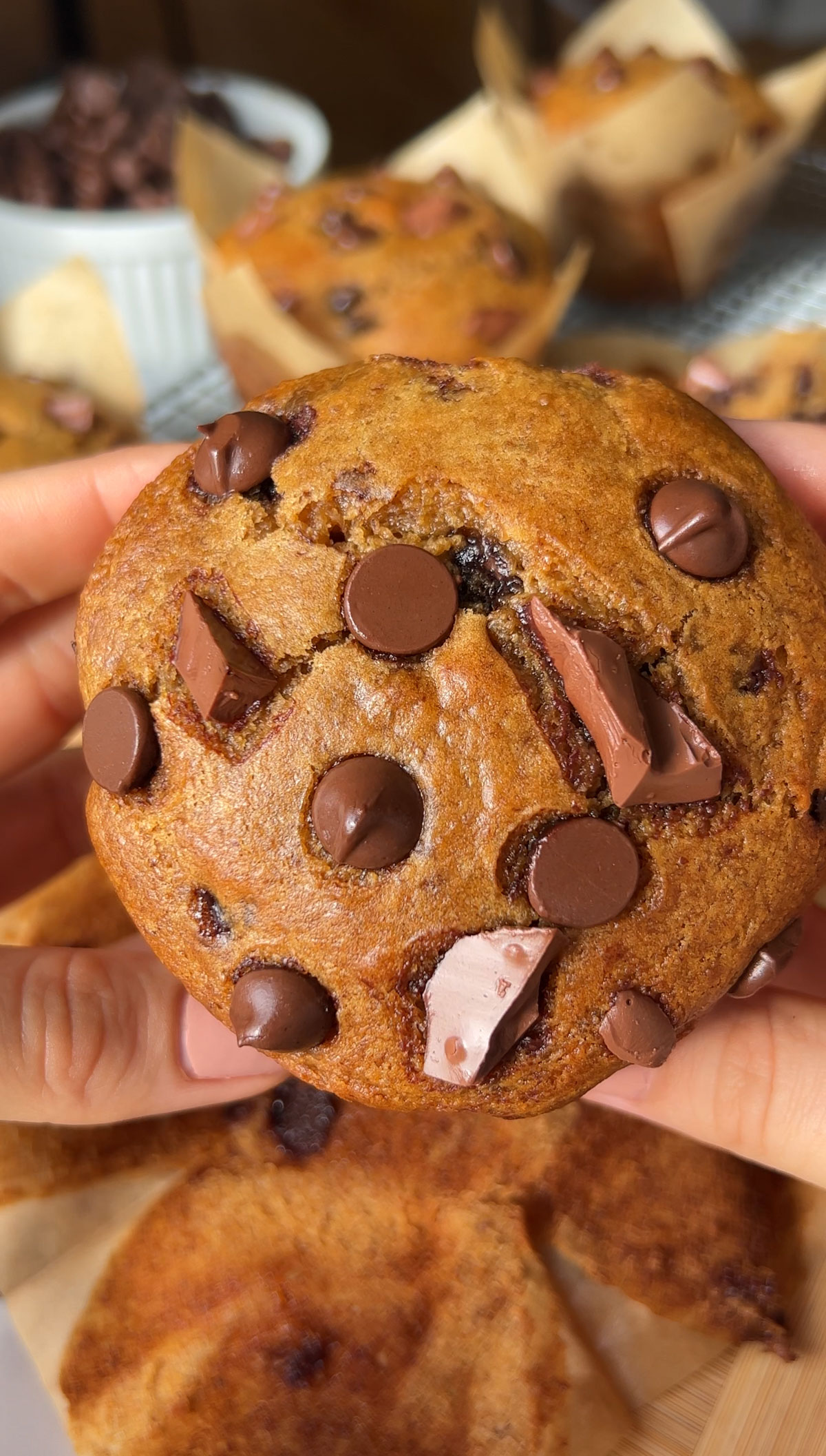 the top of a vegan chocolate chip muffin