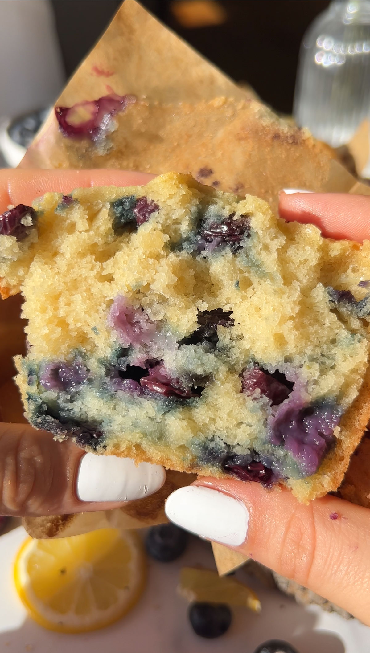 the inside texture of a vegan copycat Starbucks blueberry muffin