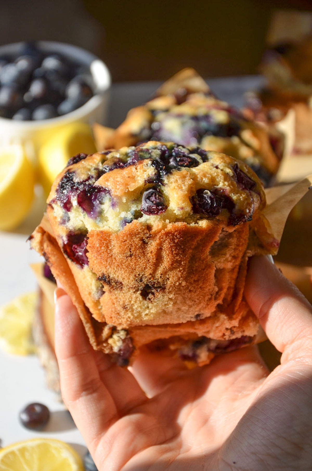 closeup of a fluffy vegan copycat Starbucks blueberry muffin