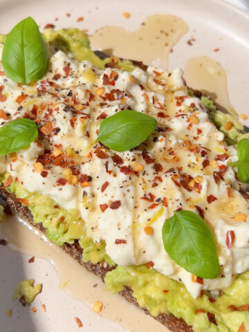 vegan cottage cheese on a slice of avocado toast