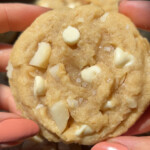 closeup of a white chocolate macadamia cookie
