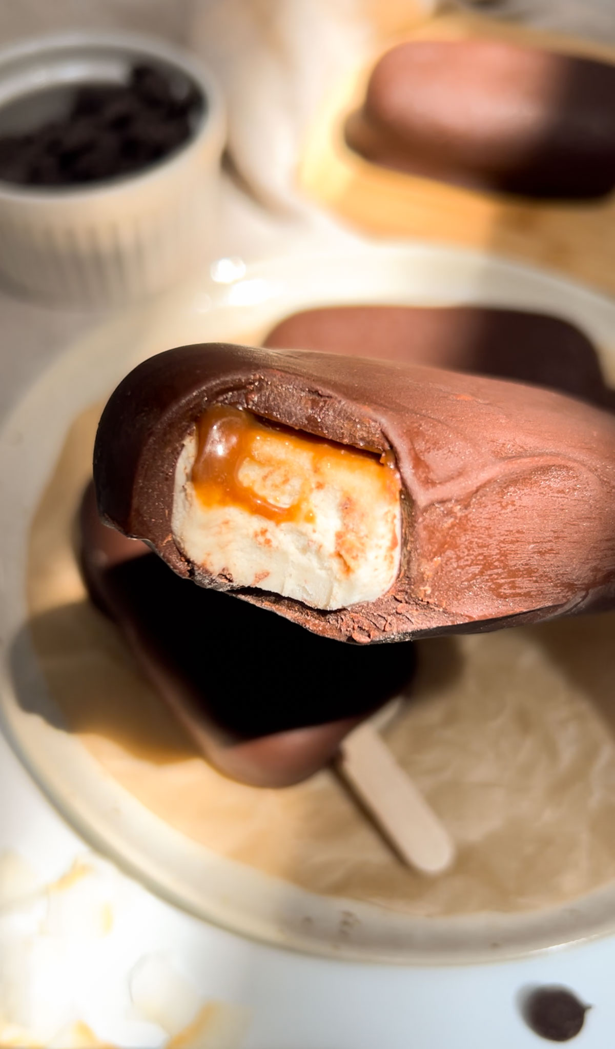 closeup of an ice cream bar with a bite in it