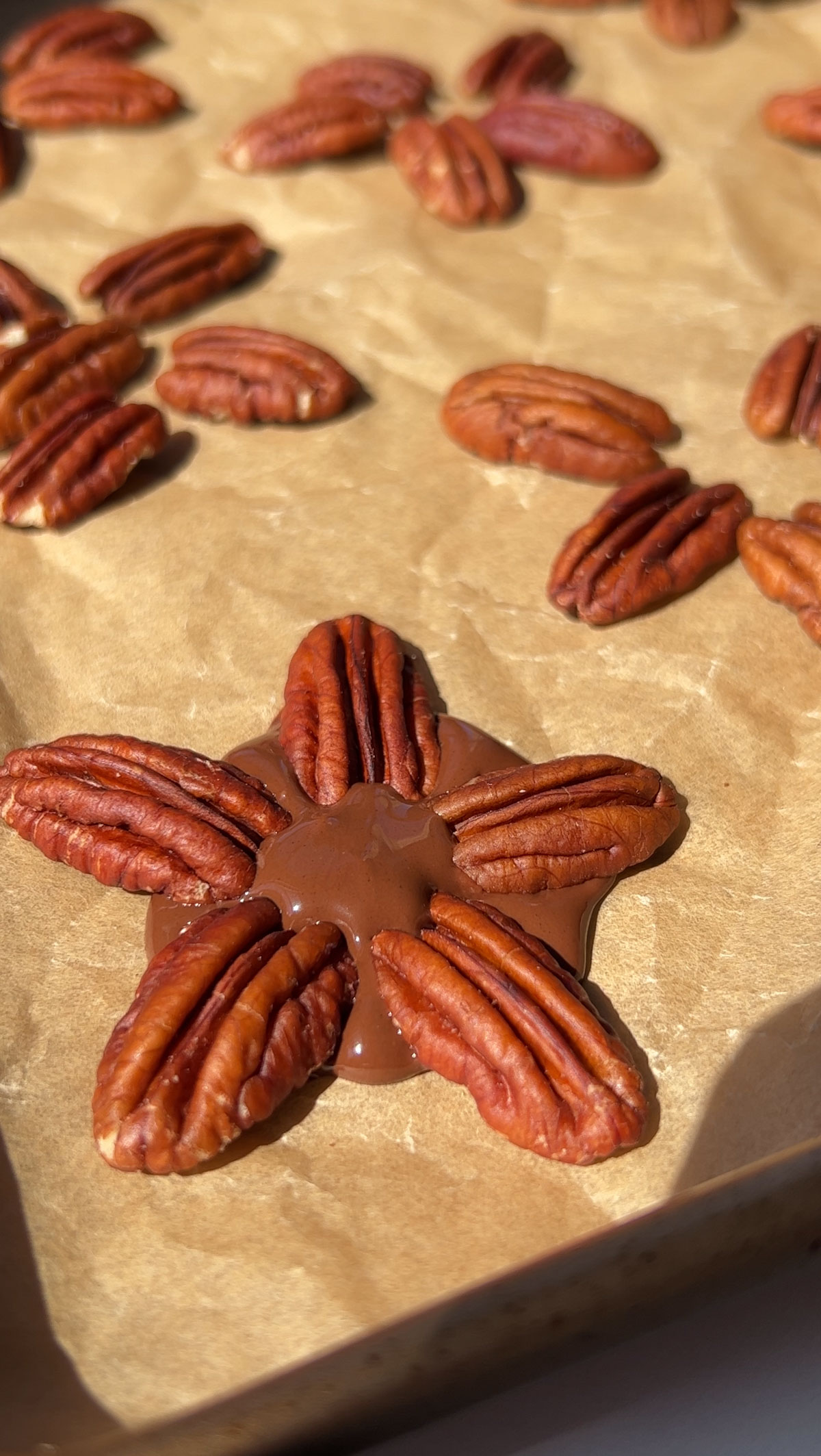 Five pecans arranged in the chocolate to make a star.