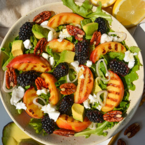 overhead shot of a grilled peach salad