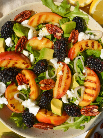 overhead shot of a grilled peach salad