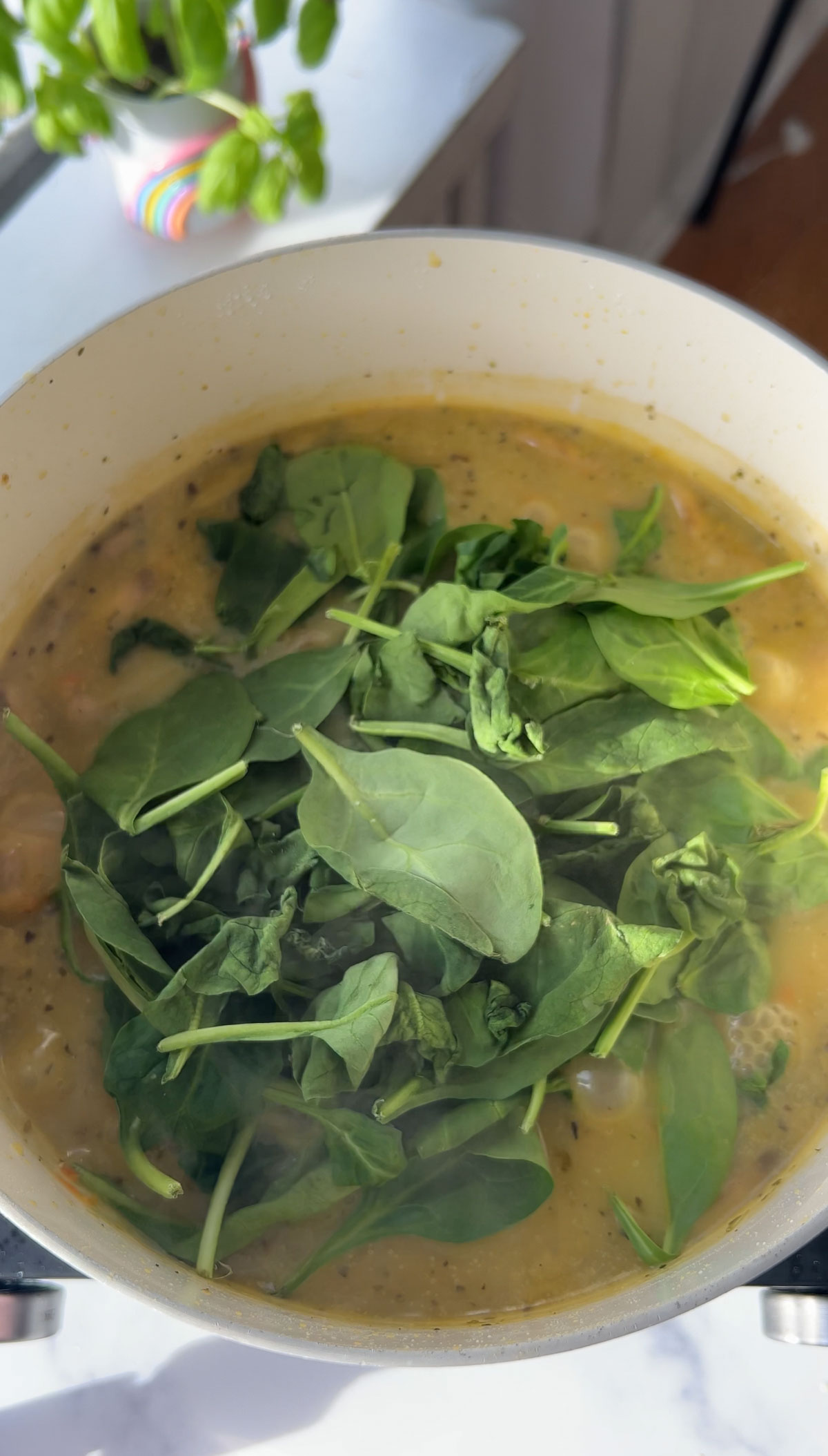 Spinach added to the cooking soup.