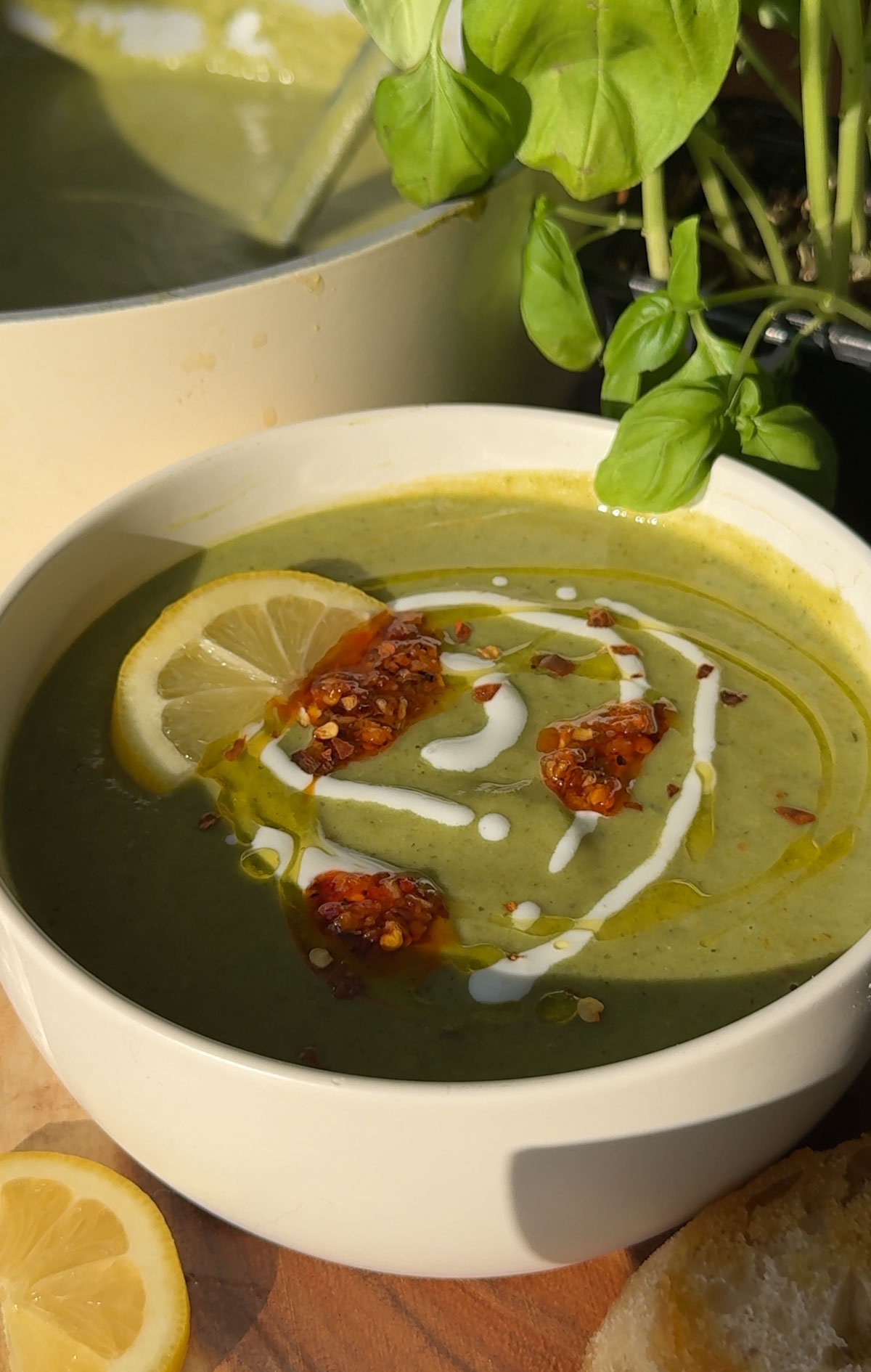 Green soup in a white bowl.