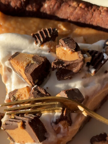 A slice of vegan peanut butter pie on a plate.