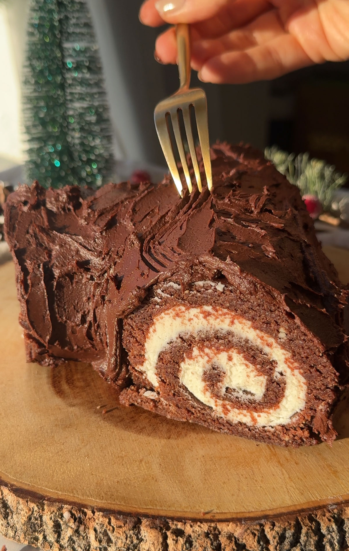 Yule log with a fork sticking into the top.
