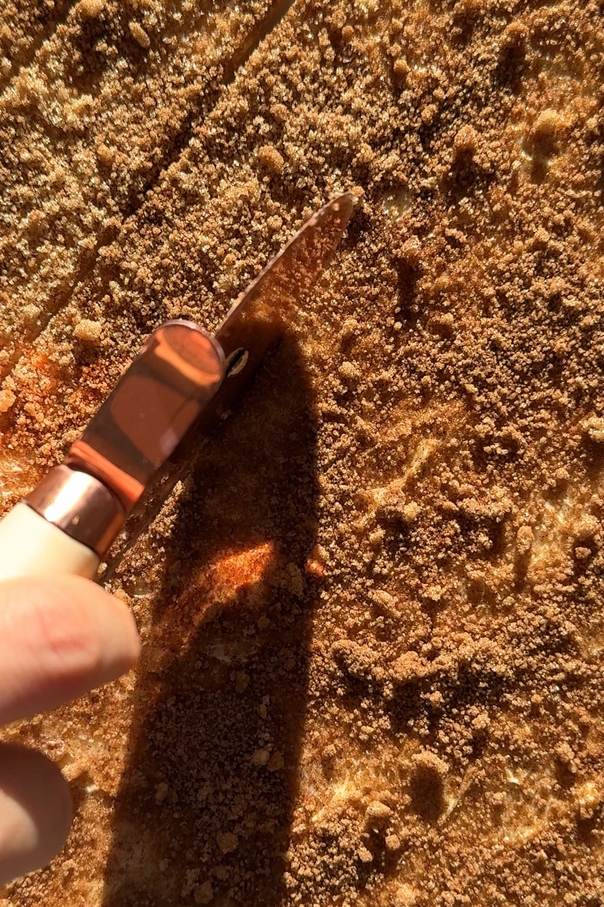 Cinnamon roll dough being cut.