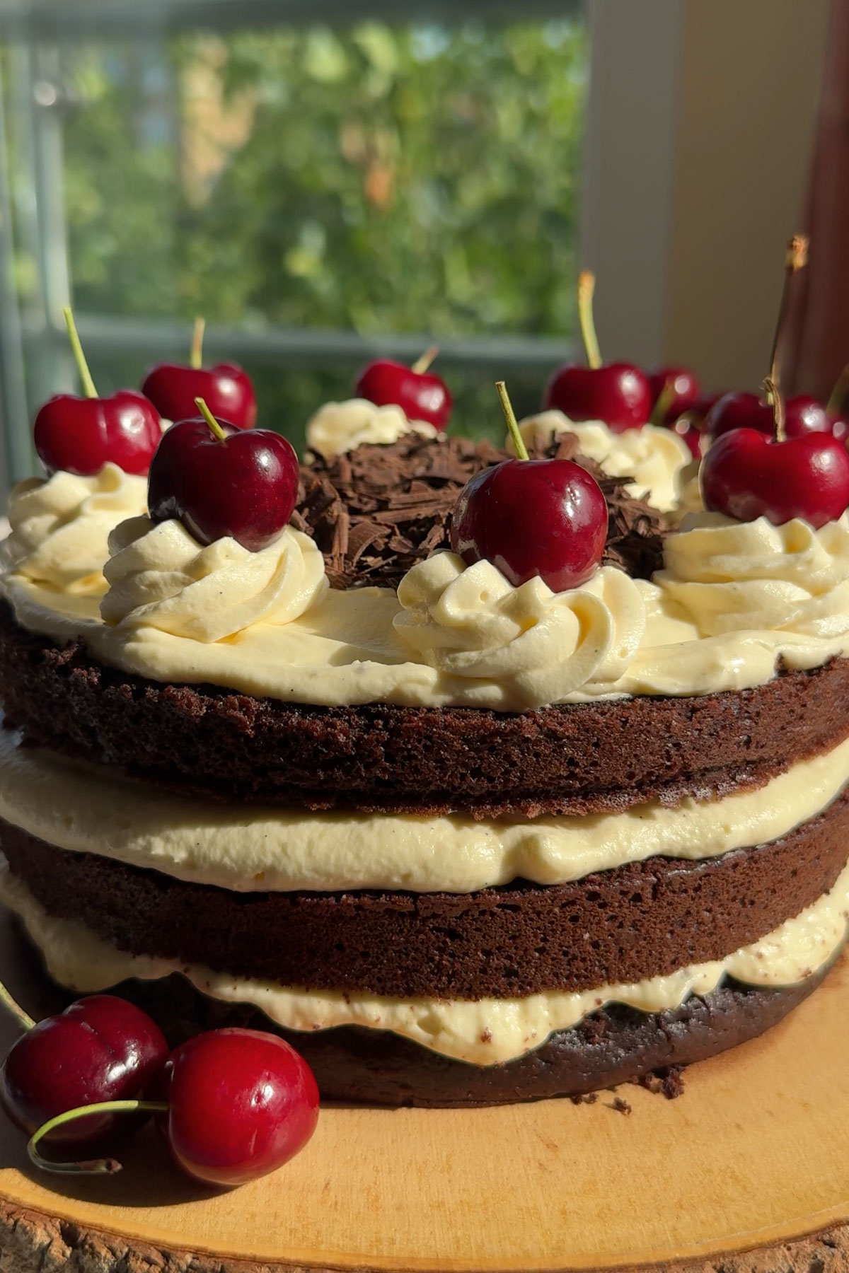 German black forest cake with cherries on top.
