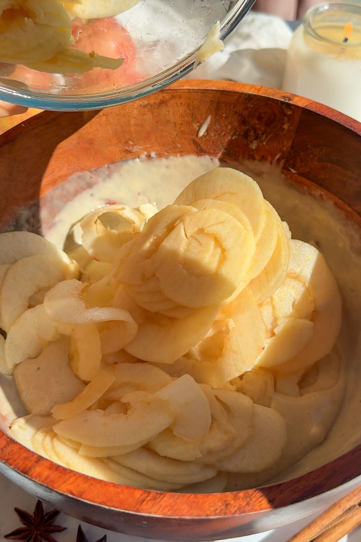 Sliced apples into the cake batter.