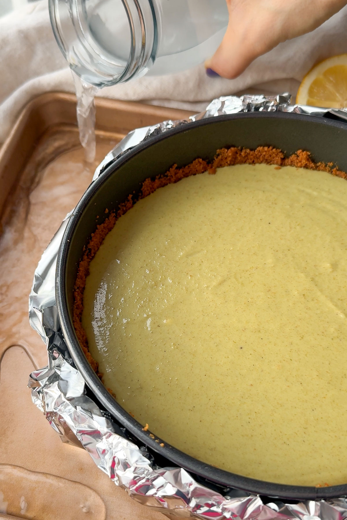 Cheesecake pan in a water bath.