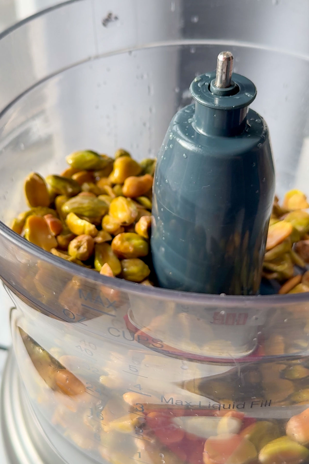 Pistachios in a food processor to turn into a paste.