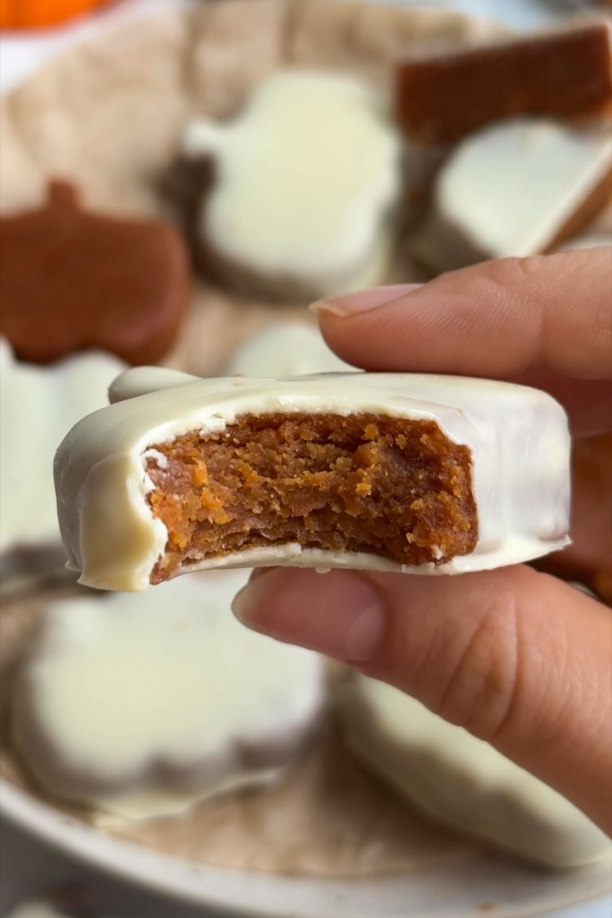 A bite taken out of a peanut butter cup.