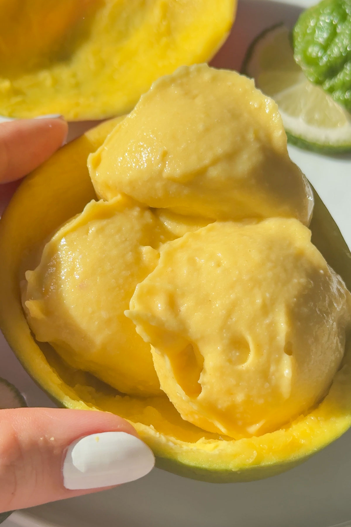 Vegan mango ice cream in a bowl.