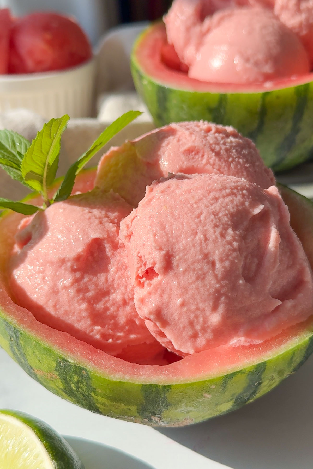 Watermelon sorbet inside a watermelon.