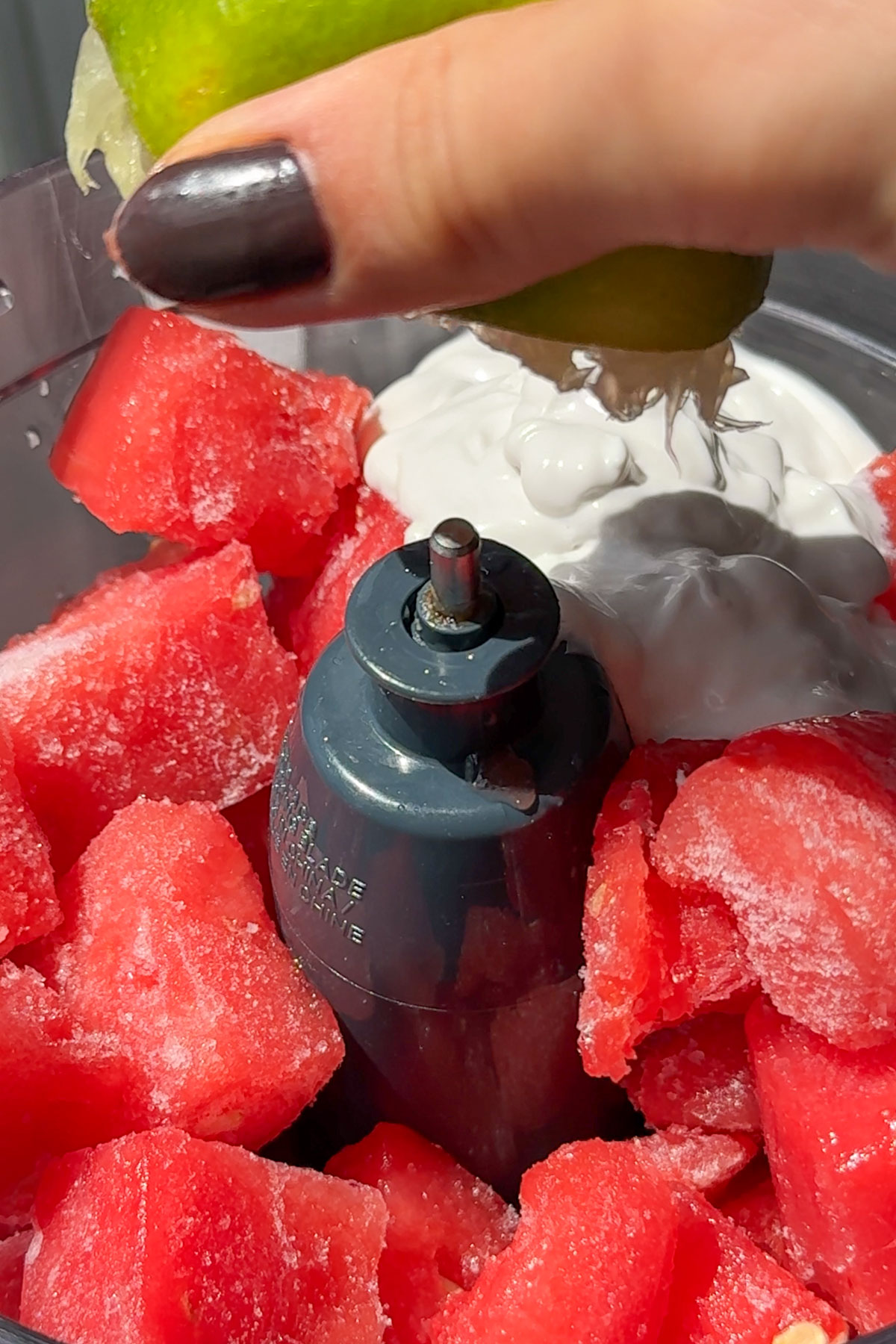 Watermelon, coconut cream, lime juice, and maple syrup in a blender.