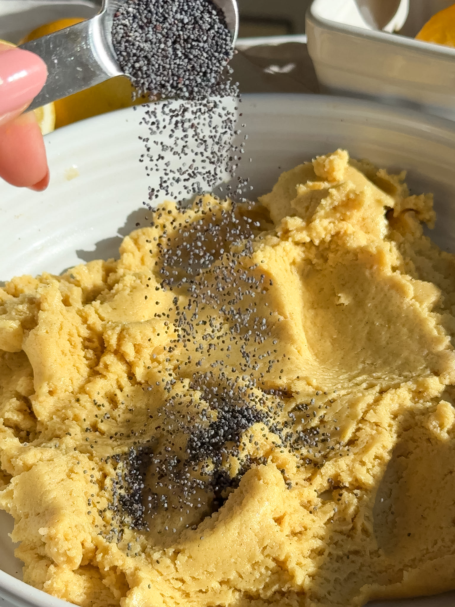 Poppy seeds added to the mixture.